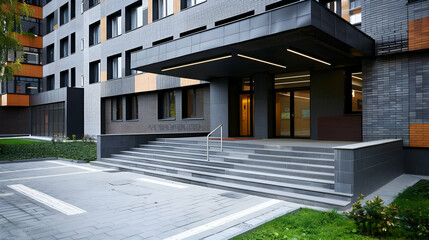 modern school building exterior, with gray and dark brown walls, covered entrance area, stairs leading to the main door of an apartment block - Powered by Adobe
