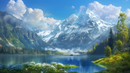 Majestic mountain landscape with snowcapped peaks blue sky and serene lake view. Concept Mountain photography, Snowcapped peaks, Serene lake view, Majestic landscape, Blue sky