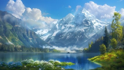 Fototapeta premium Majestic mountain landscape with snowcapped peaks blue sky and serene lake view. Concept Mountain photography, Snowcapped peaks, Serene lake view, Majestic landscape, Blue sky