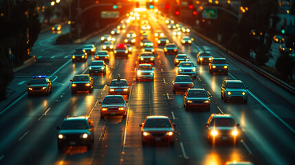 Evening traffic on urban freeway with warm sunset light