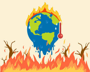 global warming and deforestation global warming effect earth melting due to sun heatstroke vector illustration
