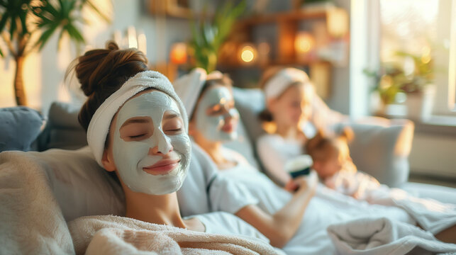Spa day at home: friends in facial masks relaxing - Powered by Adobe