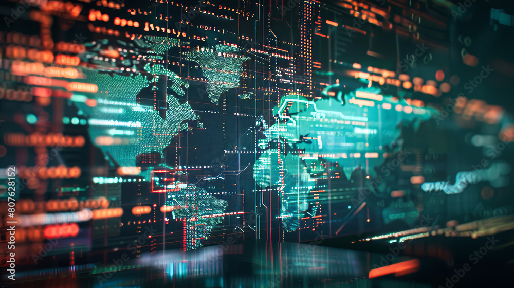 Poster program code lines and world map on a futuristic screen