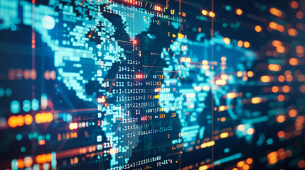 Program code lines and world map on a futuristic screen