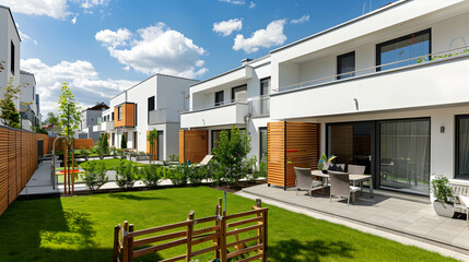 Modern townhouses with children's play areas and playgrounds, white modern houses, wooden fence, green grass in front of the house, garden furniture on terrace, sunny day
