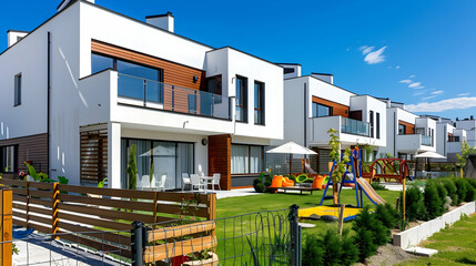 Modern townhouses with children's play areas and playgrounds, white modern houses, wooden fence,...