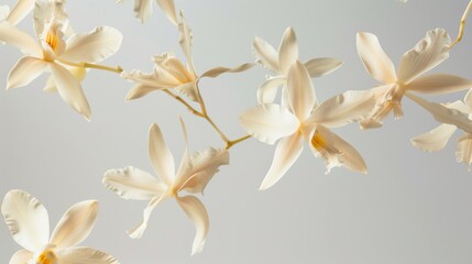 Fototapeta premium Artistic poster of vanilla flowers levitating, arranged against a stark background to emphasize their delicate structure and pale coloration