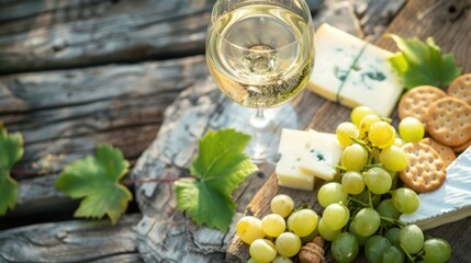 A wooden table displaying a delicious recipe with ingredients such as cheese, grapes, crackers, and...