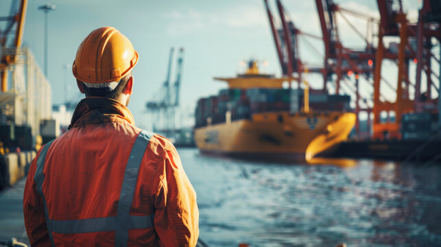 A shipyard worker looking at a docked container ship