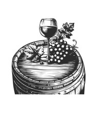 Composition with wineglass, bunch of grapes on wooden wine barrel. Wine testing. Alcoholic beverage Vector illustration for menu and packaging design, degustation invitation, poster