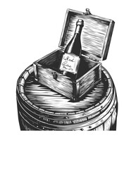 Hand drawn Wine bottle on wooden barrel. Wine testing. Alcoholic beverage Vector illustration for menu and packaging design, degustation invitation, poster