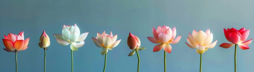 Fototapeta premium Artistic poster of lotus flowers levitating, arranged against a stark background to emphasize their symbolic purity and vibrant colors