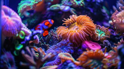 Obraz premium captivating close-up of a colorful coral reef teeming with marine life, including a vibrant clownfish peeking out from its anemone home. 