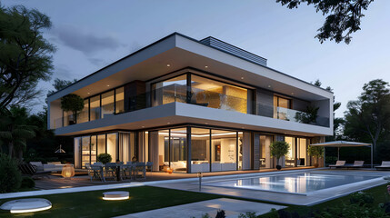 Modern twostory villa with swimming pool, interior lighting and exterior rendering design,...