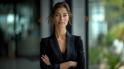 Fototapeta premium Portrait of successful female in business attire, arms crossed, confident expression. Successful. Achievement. Goals. Room for copy space. 