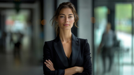 Obraz premium Portrait of successful female in business attire, arms crossed, confident expression. Successful. Achievement. Goals. Room for copy space. 
