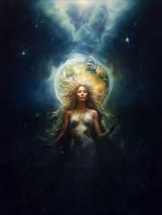 Cosmic goddess in space and in the background is planet earth.