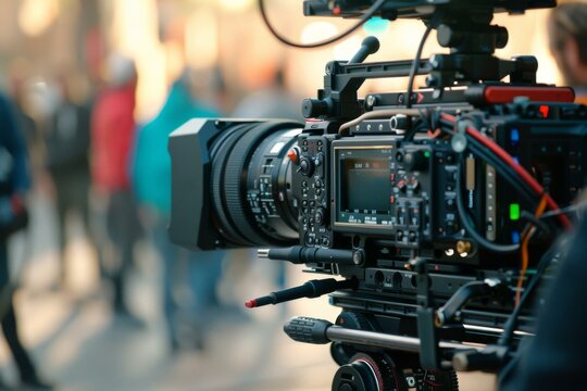 A professional camera setup is used to capture a scene with people walking in the background. AI.