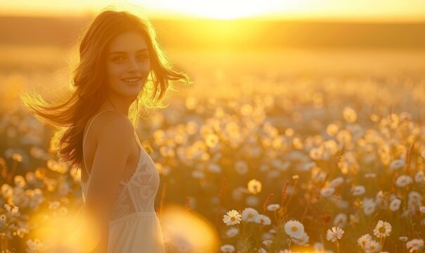 A young woman standing in a field of daisies, smiling. AI.