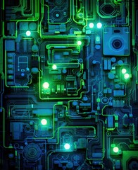 Glowing green circuit board. AI.