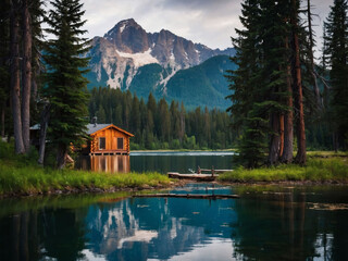 Nature's Hideaway, Cabin by the Lake, Surrounded by Towering Trees and Majestic Peaks - obrazy, fototapety, plakaty