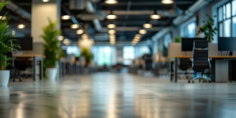 Fototapeta premium Abstract blurred photo of an empty office space with green plants. AI.