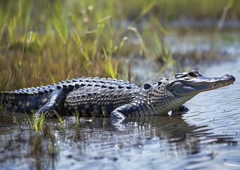 Obraz premium Close-Up View of American Alligator Lying in Wetland Marsh Habitat