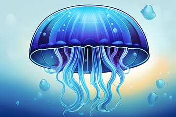 Illustration of set of fluorescent jelly fish in seawater, cartoon isolated in white background
