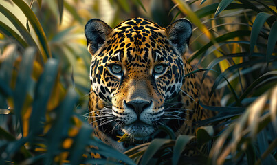 A stunning leopard moves stealthily through lush greenery. Generate AI - obrazy, fototapety, plakaty