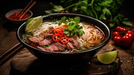 bowl of pho, filled with tender rice noodles, sliced meat, and fresh herbs,