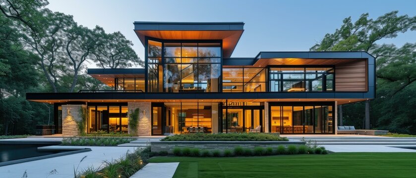 A stunning modern house with a pool and a beautiful landscape. AI.