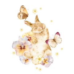 Happy Easter watercolor card. Watercolor floral bunny. Cute rabbit with pansy flowers and butterflies