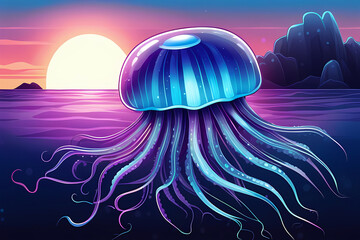 Illustration of set of fluorescent jelly fish in water, cartoon isolated in white background