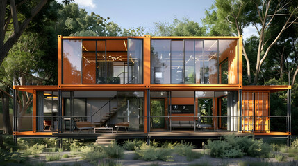 Three level container house design, steel frame structure with glass windows and doors on the...