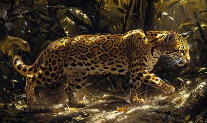 A stunning leopard moves stealthily through lush greenery. Generate AI - obrazy, fototapety, plakaty
