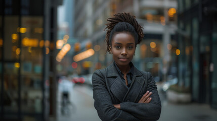Fototapeta premium Portrait of successful female in business attire, arms crossed, confident expression. Successful. Achievement. Goals. Room for copy space. 