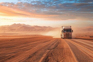 beauty of a desert landscape as a cargo lorry