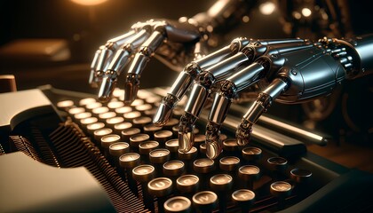 A robot typist with intricate metallic fingers types on a vintage typewriter, captured with a macro lens in a warmly lit office setting.