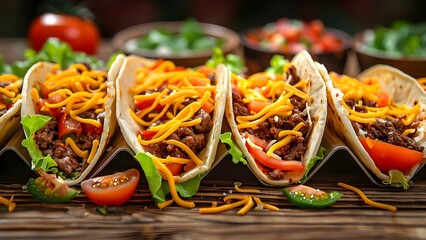 American soft shell beef tacos with lettuce tomato and cheese on wooden table. Concept Food Photography, American Cuisine, Tacos, Soft Shell Tacos, Fresh Ingredients