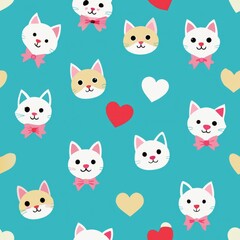 Seamless pattern of playful kittens and puppies wearing heart-shaped bows and ribbons for a cute and charming design, Generative AI