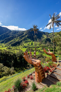 Entertainment center in Valle del Cocora Valley with tall wax palm trees. Salento, Quindio department. Colombia travel destination.