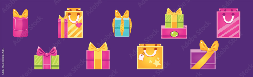 Sticker Gift Box and Package as Shopping and Purchase Vector Set