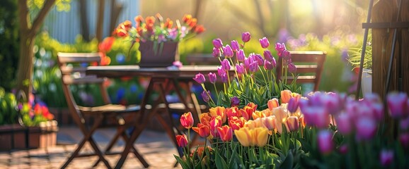 Fototapeta premium Tulips On The Patio Offer A Vibrant Display Of Nature'S Beauty, With Colorful Blooms Brightening Up The Outdoor Space, Background HD For Designer 