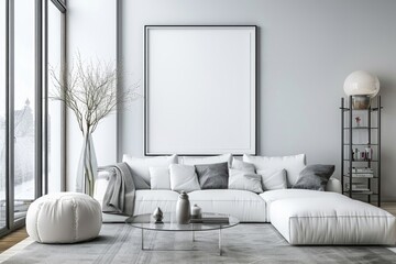 Interior design of living room interior with mock up poster frame, white sofa, modern pouf, glass coffee table, vase with branch, stylish rack and silver personal accessories.