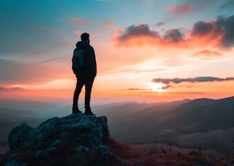 Obraz premium Man Standing on Mountain Top at Sunset, Inspirational Travel Landscape