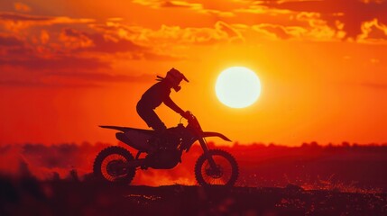  dramatic silhouette of a motocross racer against a vibrant sunset, creating a mesmerizing contrast of light and shadow. 