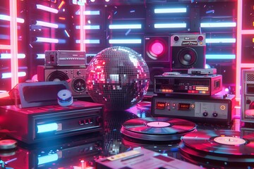 Retro Audio Gear and Disco Ball in Neon Ambiance