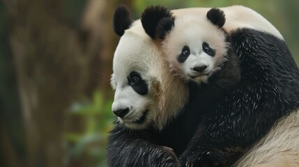 Naklejka premium heartwarming scene of a baby panda clinging to its mother's back, their fluffy fur and gentle expressions evoking a sense of tenderness. 