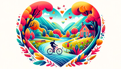 Fototapeta premium playful illustration of a man cycling through a heart-shaped landscape