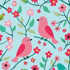 Seamless pattern of whimsical lovebirds perched on flowering branches, singing sweet melodies to each other, Generative AI